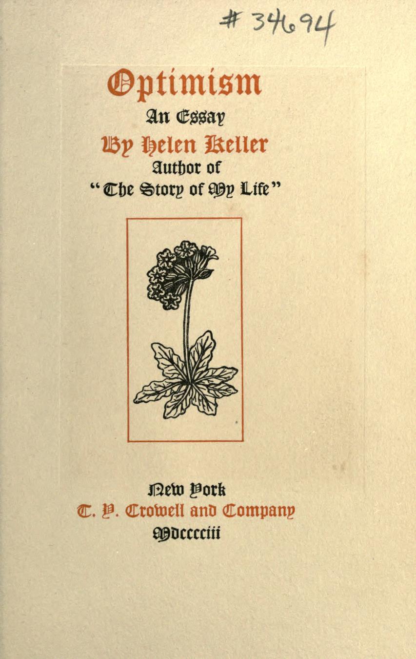 Cover of Helen Keller — Optimism: An Essay (1903) (original edition scan)