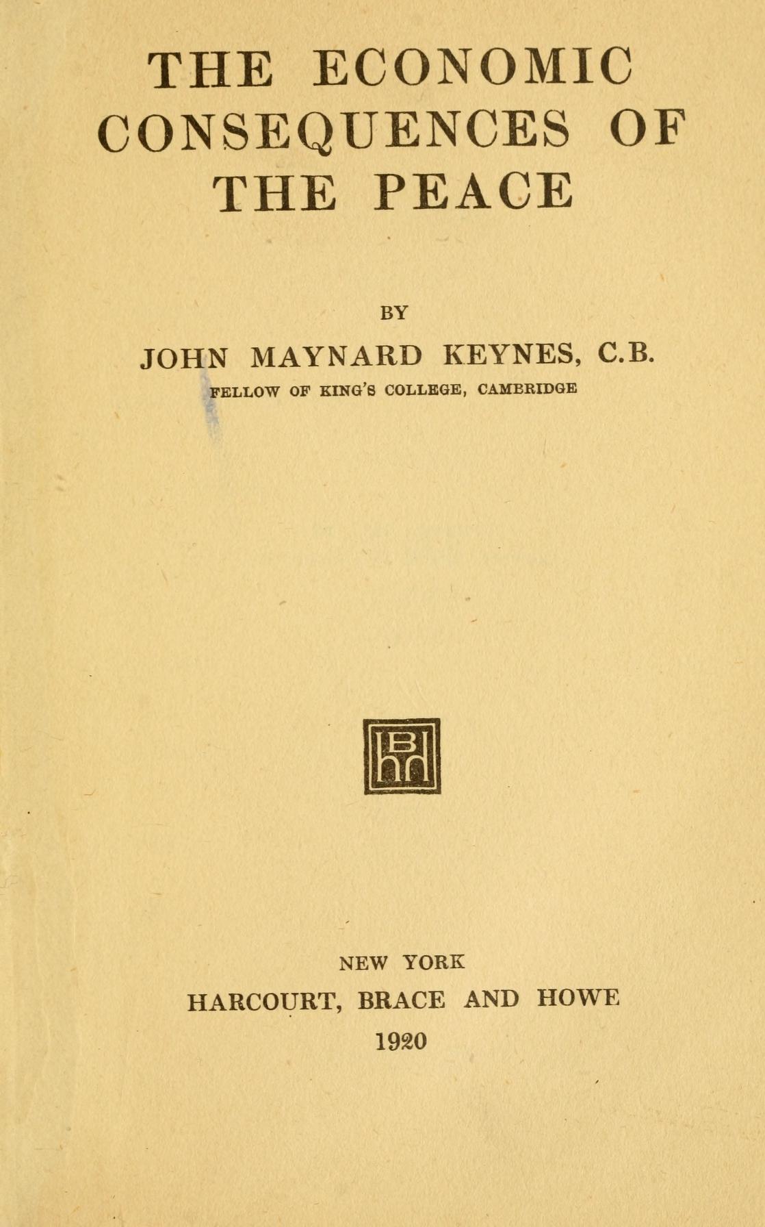 Cover of John Maynard Keynes — The Economic Consequences of the Peace (1919) (original edition scan)