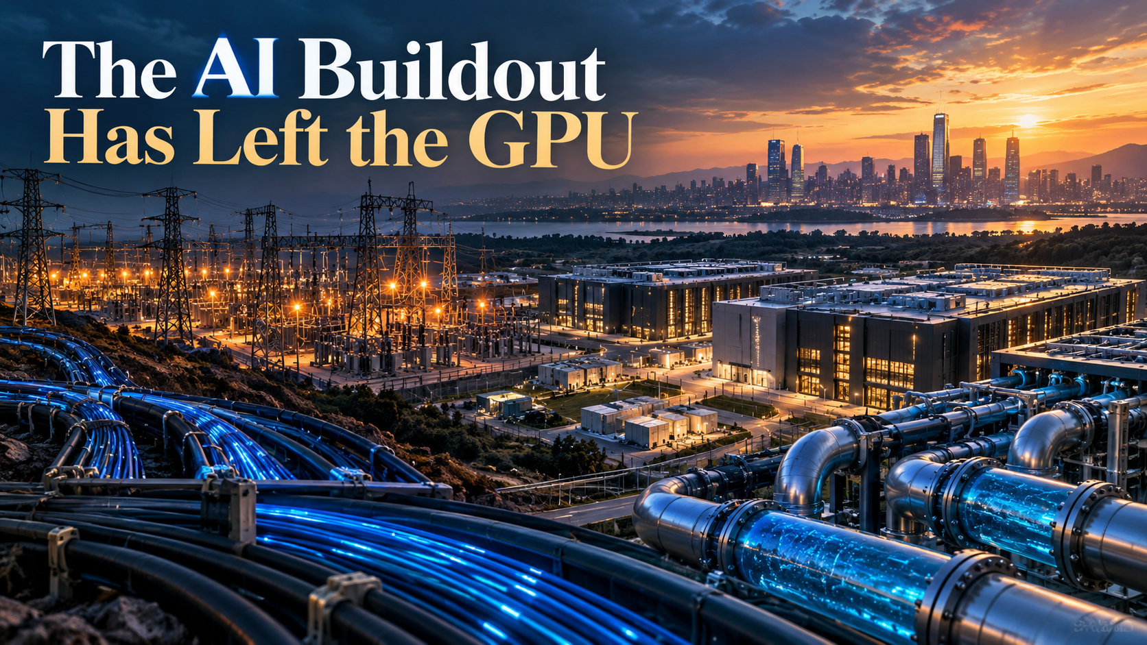 AI infrastructure landscape with power, data centers, cooling pipes, fiber, and the title The AI Buildout Has Left the GPU